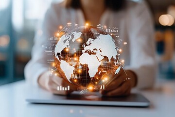 Poster - A digital representation of a globe with network connections sits on a desk, symbolizing global business, technology, and future digital innovation and growth.