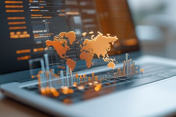 Poster - A map appears on a laptop screen, displaying data visualization elements, representing global analytics and advanced digital technology in modern business.