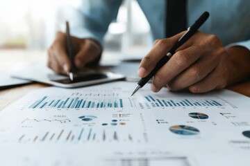 Poster - close-up of hands meticulously analyzing business charts on paper with a digital device nearby, show