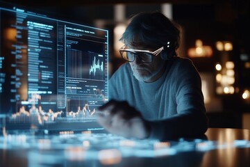 Poster - An elderly man intently studies complex data on a glowing digital interface, showcasing a connection between age and cutting-edge technology in analysis.