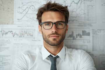 Poster - A confident businessman in glasses standing against a backdrop of financial charts, symbolizing his understanding of economic trends and business acumen.