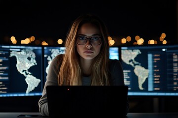 Poster - A woman focused on her laptop, analyzing world data maps displayed on multiple screens, highlighting her role in global data analytics and insights.