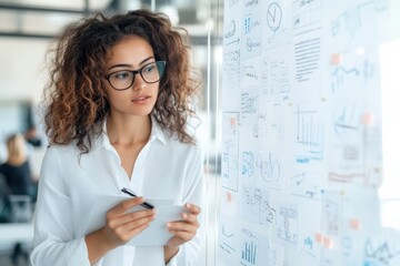 Poster - A person in a modern office setting analyzes complex sketches and notes on a board, depicting the process of creative design, strategic planning, and innovation.