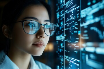 Poster - A young woman gazes at a computer screen filled with data, signifying the fusion of technology and human critical thinking in futuristic analysis contexts.