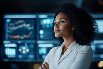 Poster - A focused professional, dressed in white, stands in front of digital screens displaying graphs and data, embodying modern intelligence and analytical thinking.