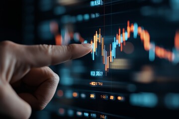 Poster - A close-up shot of a finger pointing at a dynamic stock market graph on a digital display, capturing modern finance and investment analysis technologies.