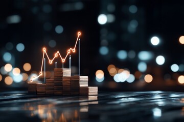 Poster - An illuminated graph line rises and falls above stacked wooden blocks, symbolizing financial growth amidst a blurred night cityscape with scattered lights.