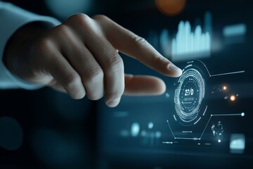 Poster - A close-up of a finger tapping an advanced digital gauge on a high-tech screen, showcasing modern interaction with innovative software and technology.