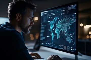 Poster - A focused individual intently analyzes a digital world map and data on a large monitor, depicting the importance of global data insights in modern business.