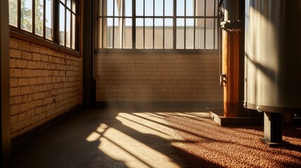 Poster - A sunlit industrial interior with large windows, showcasing shadows and textured flooring, evoking a sense of warmth and space.