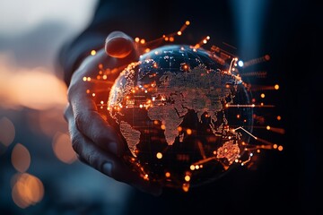 Poster - A hand gently holds a digitally glowing globe, symbolizing global connectivity and expansive networks through artistic technology and futuristic design elements.