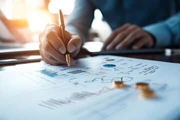 Poster - Close-up details of a business professional carefully taking notes on data charts with a golden pen, emphasizing precision, analytics, and detailed business insights.