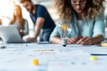 Poster - A dynamic office setting featuring three professionals collaborating on ideas, highlighted by a uniquely staged floating light bulb conveying innovation and creativity.
