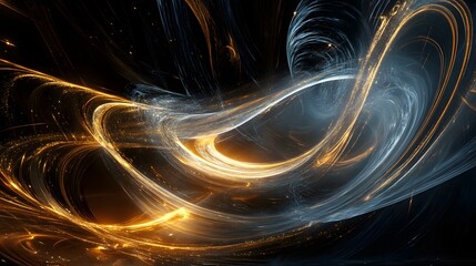 Poster - Abstract swirling light patterns in shades of gold and blue on a black background.