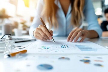 Poster - A woman focuses on analyzing data charts, immersed in a bright, organized office environment that represents a modern, professional business setting.