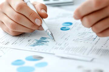 Poster - A person closely engages with detailed financial documents and graphs, reflecting a focused and analytical approach to understanding complex business data.