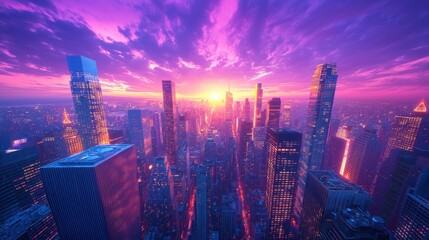 Wall Mural - A stunning city skyline at sunset, showcasing vibrant purple and orange hues