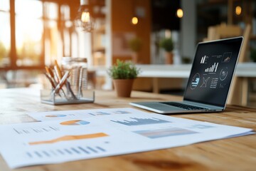 Poster - A laptop on a wooden desk shows charts and graphs, representing business analytics in a sunlit modern office setting. Papers with similar charts are visible.