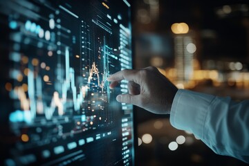 Poster - A hand interacts with a touch screen displaying stock market data in a dynamic city environment, highlighting the importance of technology in finance.