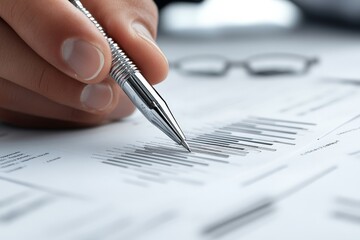 Poster - A hand with a pen working on printed data analysis charts. The focus is on precision and professional presentation, perfect for business contexts.