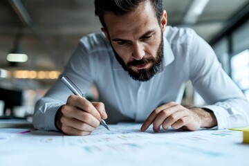 Poster - a dedicated professional deeply focused on examining business-related documents on a desk, demonstra