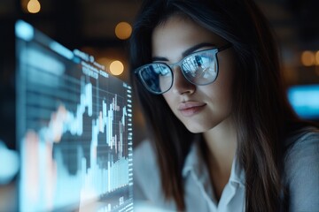 Poster - A woman with glasses intently studies data projected on a digital screen, illustrating dedication and technological interaction in a digital environment.