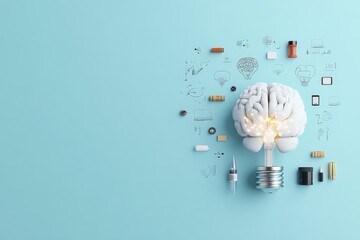Poster - A conceptual image of a brain surrounded by electric symbols on a blue background, representing creativity, innovation, technology, and the human mind.