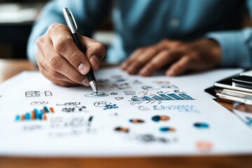 Poster - An individual meticulously creates detailed charts and graphs on paper, highlighting financial data analysis and business strategy in a focused work setting.