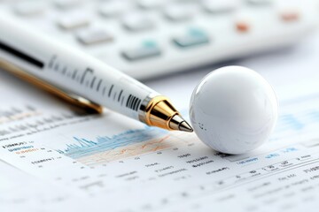 Poster - A detailed close-up of a pen resting on a financial report, showcasing numbers and graphs, with a calculator in the background symbolizing financial analysis.