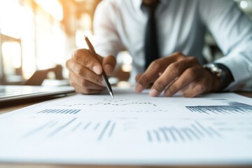 Poster - A businessman diligently examining financial graphs and statistics, reflecting modern business analysis and strategic planning, set in a professional office environment.