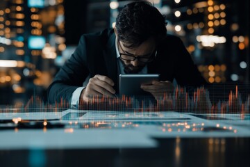 Poster - A focused businessman reviews financial data on a tablet, surrounded by a futuristic digital chart overlay, in a dimly lit modern office setting.