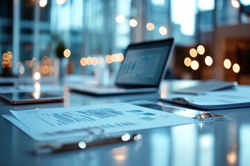 Poster - A contemporary office desk setting features a laptop and documents, with a blurred cityscape background providing a professional and focused work atmosphere.