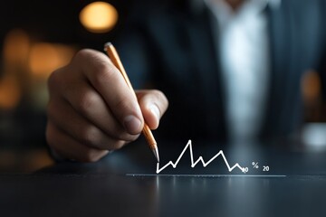 Poster - A close-up of a hand holding a pen, drawing an interactive line graph on a dark surface. The image symbolizes financial growth and analysis in a modern setting.
