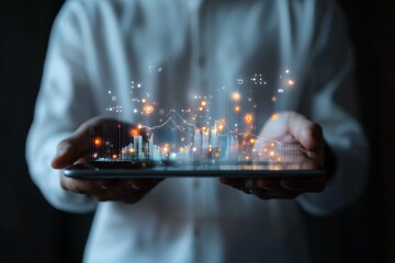 Poster - A person holds a tablet displaying complex data visualizations with glowing effects, emphasizing technology, analytics, and modern information processing.