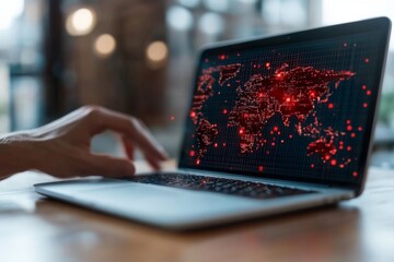 Poster - A person uses a laptop showing a digitally rendered world map with red highlights, reflecting global connection, data analysis, and networked systems.