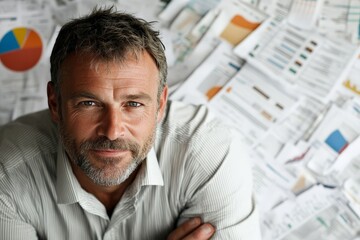 Poster - Portrait of a man confidently seated amidst piles of analytical papers, illustrating themes of expertise, focus, and in-depth analysis of complex information.