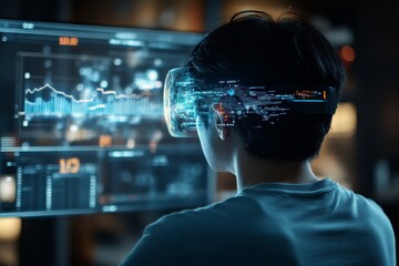 Poster - A person wearing a virtual reality headset engages in data analysis, blending high-tech visualization with immersive technology for future-based interactive solutions.