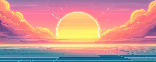 Wall Mural - A vibrant sunset over a digital ocean, featuring pastel colors and abstract shapes