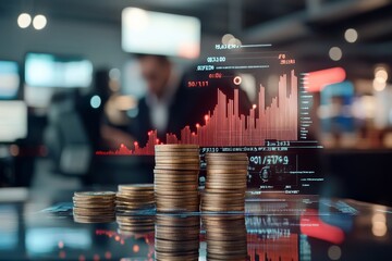 Poster - The image depicts several stacks of coins in focus, overlayed with a dynamic digital bar chart, symbolizing economic growth amidst a blurred office setting.