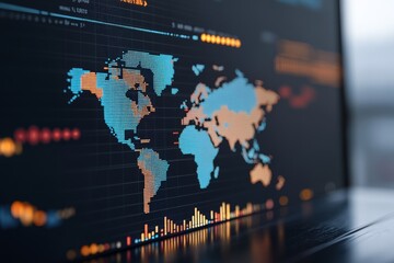 Poster - A bright, animated digital world map displays various data points and bar graphs, reflecting global connection and real-time analytics in vivid colors.