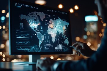 Poster - A hand gestures toward a vibrant, data-oriented world map on a sleek computer screen, encapsulating concepts of global connectivity and information exchange.