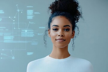 Poster - A woman wearing a white top stands in a tech environment, featuring floating graphics and data visualizations, signifying innovation, intelligence, and the future of technology.