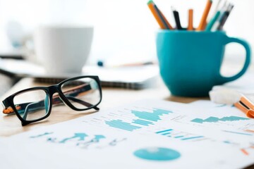 Poster - A well-organized office desk with eyeglasses and documents featuring statistical graphs and charts representing business data analysis and productivity.