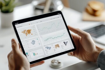 Poster - A tablet screen displaying various analytics and data visualizations, illustrating global trends and insights, set on a minimalist desk setting.