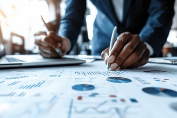 Poster - Two professionals closely analyze financial charts at a well-organized desk, highlighting teamwork, strategy, and precision in a business environment setting.