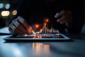 Poster - A hand interacting with a digital tablet showcases an illuminated rising trend graph, symbolizing progress and future economic predictions in the business world.