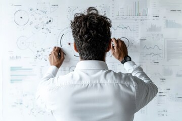 Poster - A man in white shirt stands before a board filled with intricate graphs and data points, showcasing detailed analysis and strategic business planning processes.