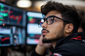 Poster - A young man wearing glasses is deeply focused on analyzing complex data on multiple computer screens, symbolizing concentration and analytical thinking.