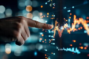 Poster - A person's finger interacts with vibrant digital graphs representing financial data on a high-tech screen, signifying analysis and market insight in a futuristic atmosphere.