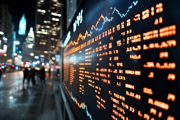 Poster - A vibrant stock market display glows at night against a backdrop of city lights, illuminating key financial data and trends in a bustling urban landscape.